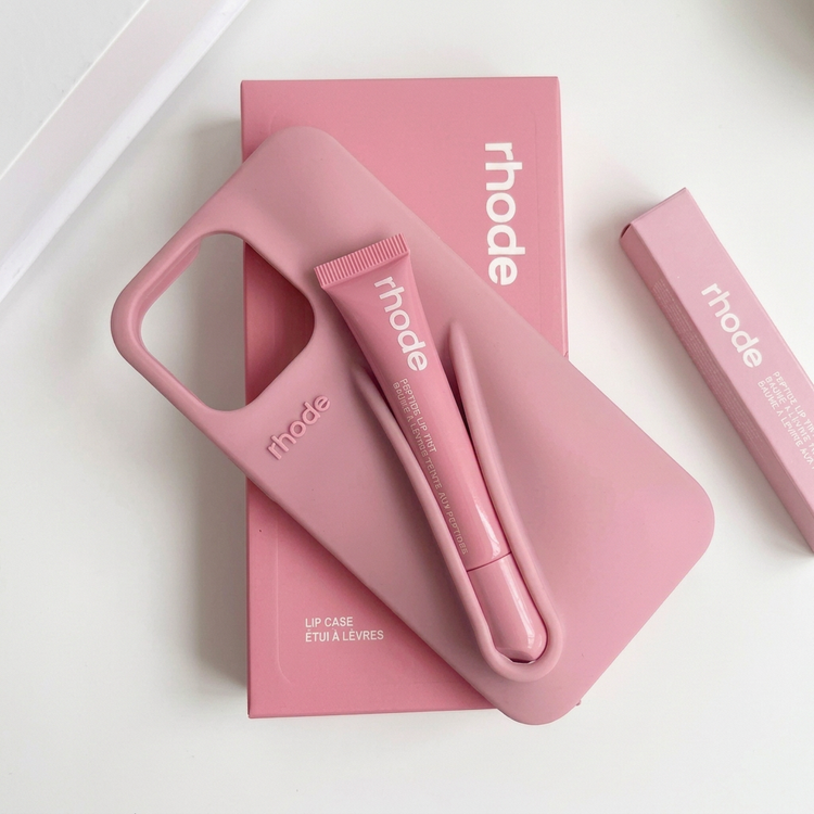 Pink Rhodes lipstick silicone phone case with lip tint tube in side holder